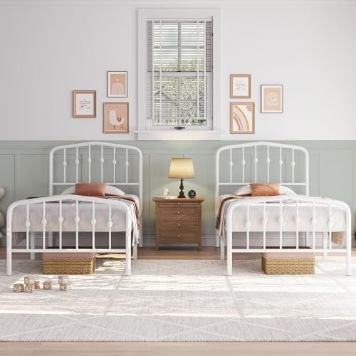Yaheetech Metal Bed Frame Twin Size Metal Platform Bed Frame with Victorian Style Headboard/Footboard/Easy Assembly/No Box Spring Needed/White Smoke