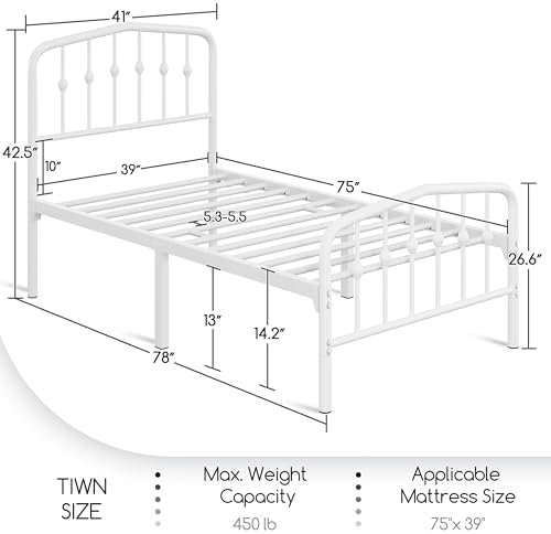 Yaheetech Metal Bed Frame Twin Size Metal Platform Bed Frame with Victorian Style Headboard/Footboard/Easy Assembly/No Box Spring Needed/White Smoke