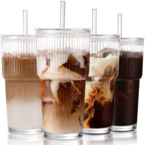 Iced Coffee Cups with Lids: Coffee Bar Accessories - Ribbed Glass Tumbler with Straw and Lid 4Pcs - 20oz Leak Proof Tumbler - Reusable Glass Cups and Tumblers with Lid and Straws for To Go Iced Coffee