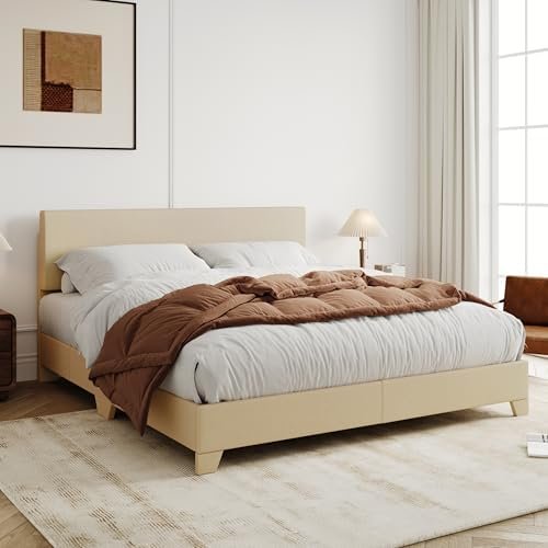 Allewie Full Size Bed Frame with Adjustable Headboard, Upholstered Platform Bed with Wood Slats, Heavy Duty Mattress Foundation, No Box Spring Needed, Noise-Free, Easy Assembly, Beige