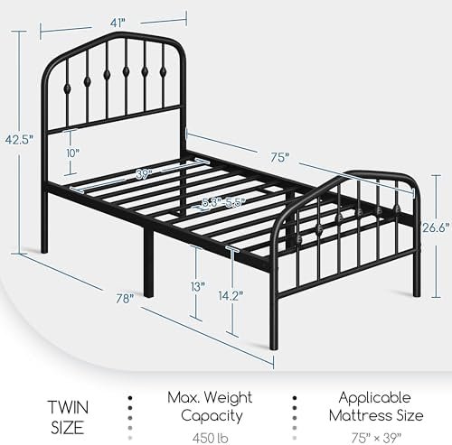 Yaheetech Metal Bed Frame Twin Size Metal Platform Bed Frame with Victorian Style Headboard/Footboard/Easy Assembly/No Box Spring Needed/Black