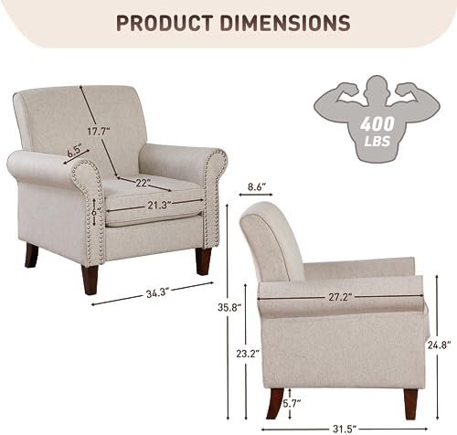 Prilinex Upholstered Living Room Chair Set of 2 - Large Comfy Fabric Accent Chair Single Sofa with Cushion, Rolled Armrest & Nailhead Trim, Mid Century Farmhouse Armchair for Bedroom, Office, Beige