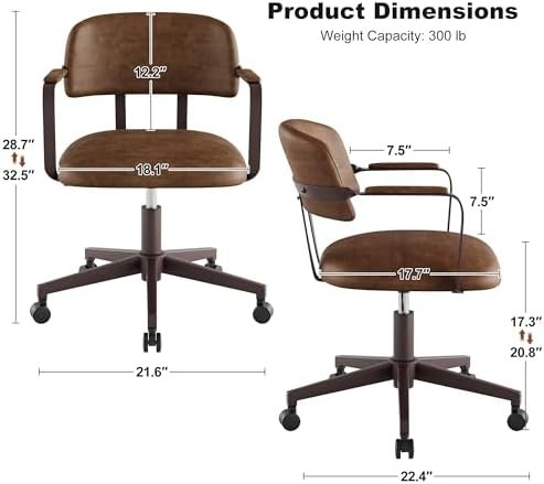 Home Office Desk Chair, Mid-Century Modern Desk Chair with Padded Arms, Adjustable Seat Height, Mid Back 360° Small Computer Chair with Mobile Mute Wheel, PU Leather (Brown)