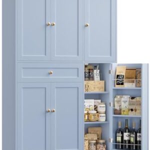 HOSTACK 68" Tall Kitchen Pantry Storage Cabinet, Modern Kitchen Hutch Cabinet with Doors and Shelves, Freestanding Food Pantry with Large Storage Drawer for Dining Room, Living Room, Light Blue