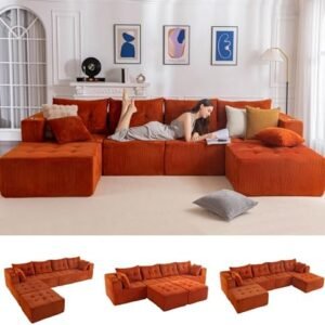 MAXYOYO 129.5" Modular Sectional Sofa Couch, U Shaped Modern Cloud Couch with 2 Ottomans, Sofa in A Box, Tufted 6-Seat Boneless Sleeper Chair for Living Room, No Assembly Required, Orange