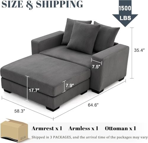 58.3" Oversized Chaise Lounge Indoor for Living Room, Solid Wood Comfy Sleeper Reclining Chair with Thickened Cushions Widened Armrests for Bedroom, Deep Seat Lounge Chair with Ottoman, Grey