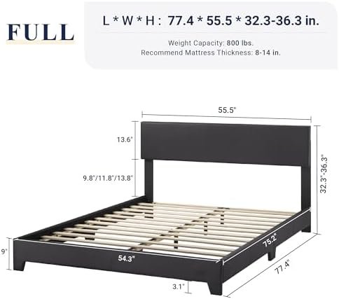Allewie Full Size Bed Frame with Adjustable Headboard, Faux Leather Platform Bed with Wood Slats, Heavy Duty Mattress Foundation, No Box Spring Needed, Noise-Free, Easy Assembly, Black