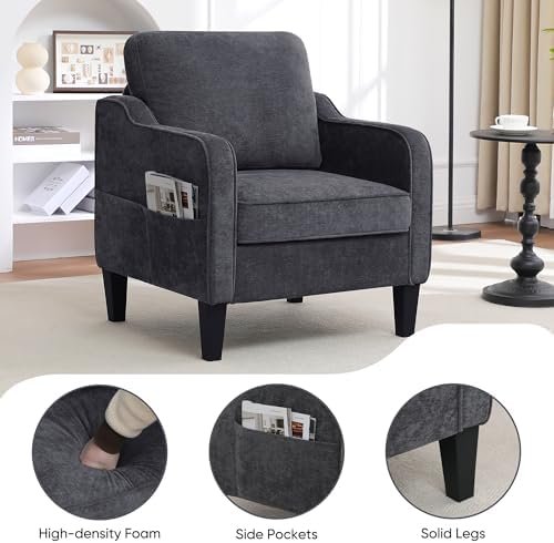 Accent Chairs Set of 2, Upholstered Living Room Chairs with Side Pocket, Mid Century Modern Reading Chair for Bedroom, Comfy Armchair Single Sofa Side Chair for Office, Small Room, Dark Grey