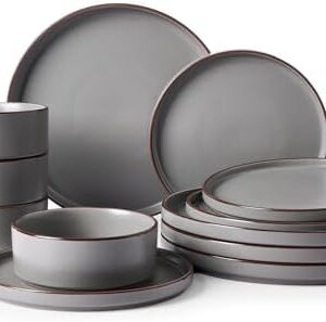 Famiware Nebula Ridge Stoneware Dinnerware Sets, Plates and Bowls Sets for 4, 12 Pieces Dishes Set, Microwave and Dishwasher Safe Kitchen Plates, Dark Gray
