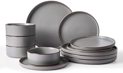 Famiware Nebula Ridge Stoneware Dinnerware Sets, Plates and Bowls Sets for 4, 12 Pieces Dishes Set, Microwave and Dishwasher Safe Kitchen Plates, Dark Gray