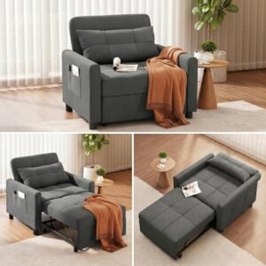 Ahomly Convertible Sofa Chair Bed, 3-in-1 Multi-Functional Sleeper Chair Bed, Adjustable Backrest Recliner with Modern Linen Fabric for Living Room Bedroom Apartment Small Space, Dark Grey