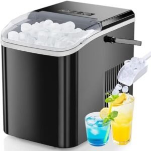 DUMOS Countertop Ice Maker with Handle, 26lbs/24H Portable Ice Machine, 9 Bullet Cubes Ready in 6 Mins, Self-Cleaning, Quiet Compact for Home, Kitchen, RV, Camping, Bright Black