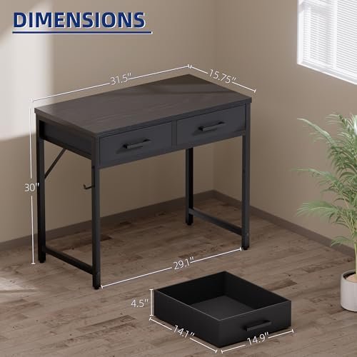 Pamray 32 Inch Small Computer Desk with 2 Drawers for Bedroom Study Writing Home Office Table for Small Spaces Black
