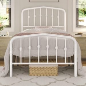 Yaheetech Metal Bed Frame Twin Size Metal Platform Bed Frame with Victorian Style Headboard/Footboard/Easy Assembly/No Box Spring Needed/White Smoke