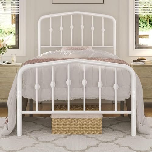 Yaheetech Metal Bed Frame Twin Size Metal Platform Bed Frame with Victorian Style Headboard/Footboard/Easy Assembly/No Box Spring Needed/White Smoke