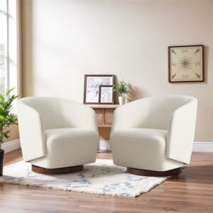 Boucle Swivel Accent Chairs Set of 2, No Assembly Upholstered Armchair with Rubberwood Base, 360° Rotating Living Room Chairs Set of 2 for Bedroom, Apartment & Reading Nook (2, Beige)