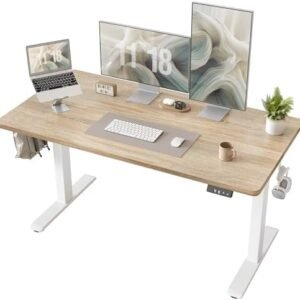 TIQLAB Electric Height Adjustable Standing Desk 47.2×23.6 inch, Sit Stand Desk with Splice Board, Memory Controller, White Frame & Maple Top Computer Workstation for Home Office
