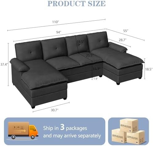 U Shaped Sectional Couches for Living Room,110" Modern Big Sofa Couch with Double Chaise,4 Seat Modular Sofa Couches with Thick Cushion & Soft Backrest,Black