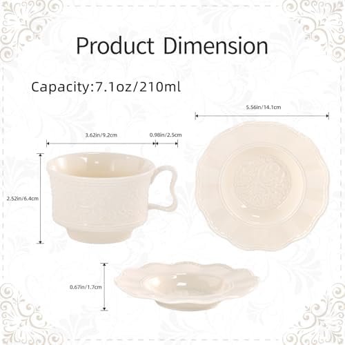KAMMAK Tea Cups and Saucers Set of 2, 7oz Porcelain Coffee Cups with Saucers, Ceramic Espresso Mugs for Coffee, Latte, Americano, Tea, Elegant Teacup and Saucer (YFH1+2)