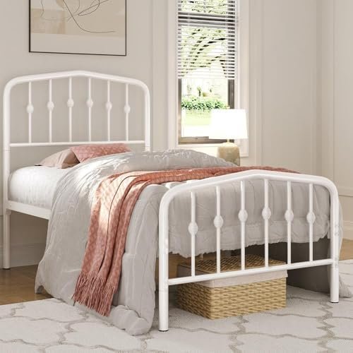 Yaheetech Metal Bed Frame Twin Size Metal Platform Bed Frame with Victorian Style Headboard/Footboard/Easy Assembly/No Box Spring Needed/White Smoke