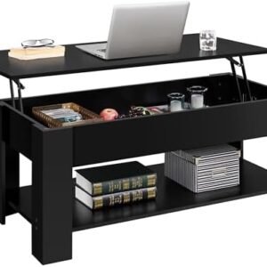 Yaheetech Lift Top Coffee Table with Hidden Compartment and Storage Shelf, Rising Tabletop Dining Table for Living Room Reception Room, 47.5in L, Black