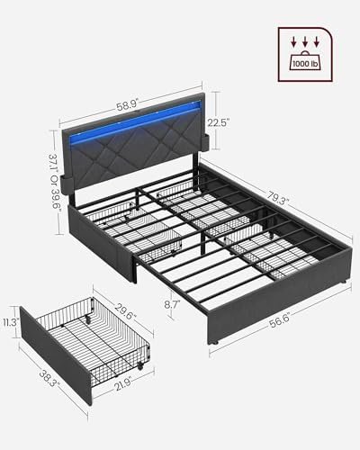 VASAGLE LED Bed Frame Full Size, Full Bed with Headboard and 4 Drawers, 1 USB Port and 1 Type C Port, Adjustable Upholstered Headboard 37.1/39.6 Inches, No Box Spring Needed, Dark Gray URMB822G71