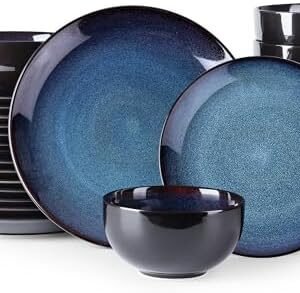 LERATIO Ceramic Dinnerware Sets for 8,Stoneware Plates and Bowls Sets,Handmade Reactive Glaze Dishes Set,Chip Resistant and Scratch Resistant | Oven&Dishwasher & Microwave Safe-Blue(24PCS)