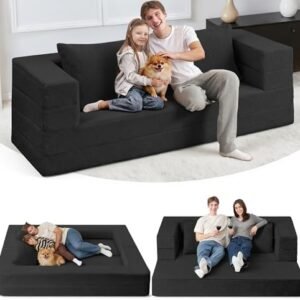 Futon Sofa Bed with Pillow, 3-in-1 Sleeper Sofa Bed with Removable Cover, Convertible Floor Sofa Bed, No Assembly Boneless Couch for Living Room, Bedroom