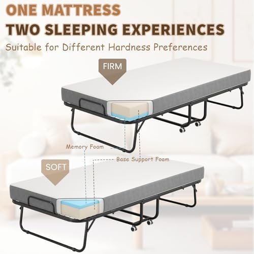 75" x 31" Folding Bed with Mattress for Adults, Portable Rollaway Beds with Memory Foam Mattress & Super Strong Frame, Convenient Foldable Roll Away Bed for Storage