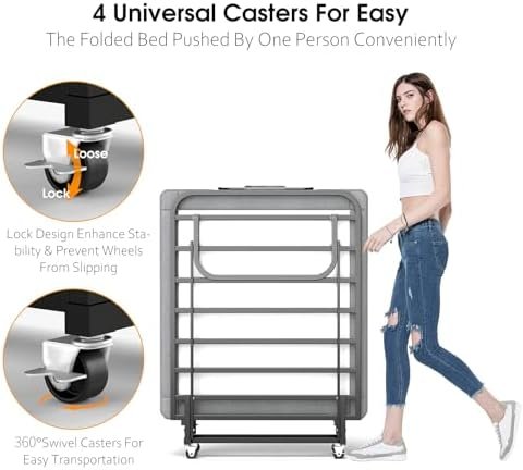 Folding Bed with Mattress, Portable Foldable Bed for Adults, Roll Away Guest on Wheels, Memory Foam Mattress and Metal Frame, Space Saving Fold Up for Easy Storage