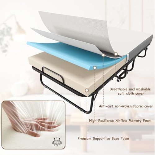 75" x 31" Folding Bed with Mattress for Adults, Portable Rollaway Beds with Memory Foam Mattress & Super Strong Frame, Convenient Foldable Roll Away Bed for Storage