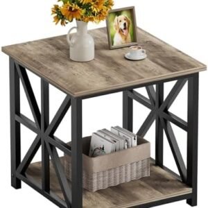 GreenForest End Table with 2-Tier Storage Shelf, 24 inch Large Side Table for Living Room,Modern Nightstand for Bedroom Bedside Office Farmhouse, Grey Wash