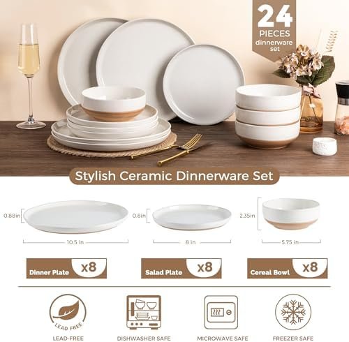 AmorArc Ceramic Dinnerware Sets for 8, 24 Pieces Handpainted Plates and Bowls Set with Rustic Terracotta Underside, Scratch Resistant Stoneware Dishes Set, Dishwasher & Microwave Safe, Light Beige