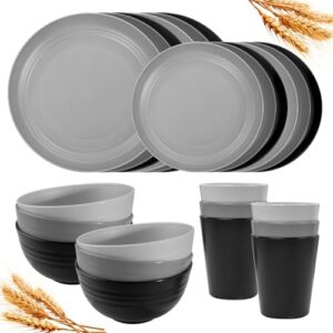 Rubtlamp 24Pcs Kitchen Plastic Wheat Straw Dinnerware Set,Dinnerware Sets for 6,Microwave Dishwasher Safe Plates, Unbreakable Reusable Plastic Wheat Straw Bowls & Plate for Camping