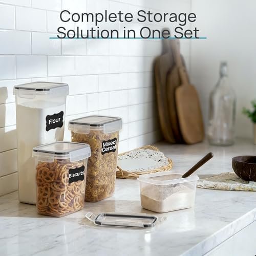 Airtight Food Storage Containers with Lids, Vtopmart 24 pcs Plastic Kitchen and Pantry Organization Canisters for Cereal, Dry Food, Flour and Sugar, BPA Free, Includes 24 Labels,Black