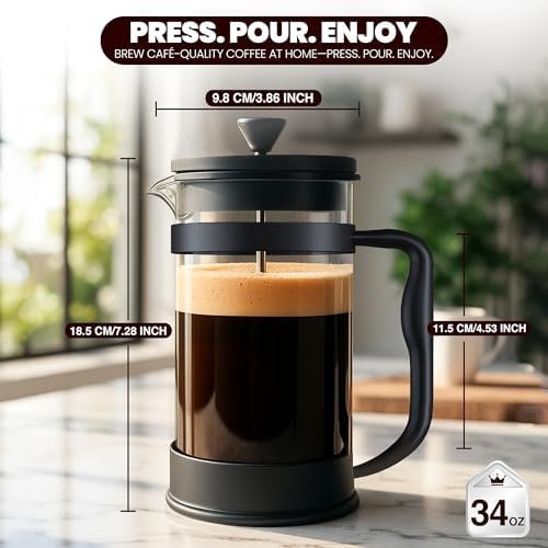 Utopia Kitchen Borosilicate Glass French Press Coffee Maker 34 Oz, Heat-Resistant Cafetiere & Tea Maker, Thickened Glass Coffee Press for Travel and Camping, Black