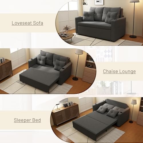 3 in 1 Sofa Bed, 56 Inch Convertible Pull Out Couch, Loveseat Sleeper Sofa with Cup Holders, USB, Sofa Couches for Living Room, Bedroom, Apartment, Dark Grey
