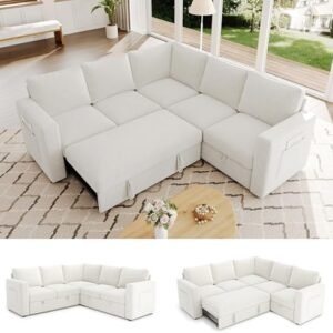 83.5" Sectional Sleeper Sofa with Pull Out Couch, Modern 5 Seat L Shaped Modular Couch, Sectionals Modular Sofa with Storage, Comfy Sectional Couches for Living Room & Apartment, Light Beige