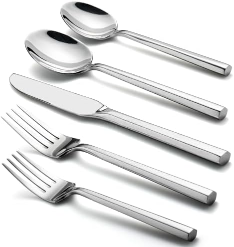 Alata Hexagon 40-Piece Forged Silverware Set Stainless Steel Flatware Set Cutlery Set,Service for 8,Mirror Finish,Dishwasher Safe