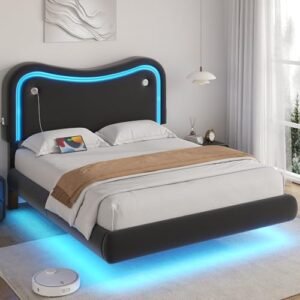 MapleGrace Queen Size Bed Frame with Upholstered Headboard, Velvet Floating Platform Bed with LED Lights and Charging Station, Soft Rounded Corners, No Box Spring Needed, Easy Assembly, Black