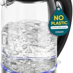 Cosori Electric Kettle, No Plastic Contact With Water, Wide Mouth For Easy Cleaning, Auto Shut Off, 1.7L Tea Kettle & Hot Water Boiler, Water Heater & Teapot, Borosilicate Glass, Black, 1500W