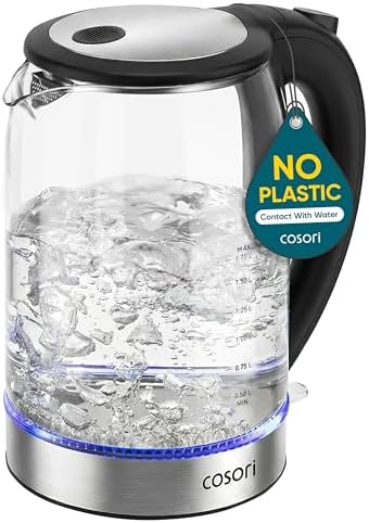 Cosori Electric Kettle, No Plastic Contact With Water, Wide Mouth For Easy Cleaning, Auto Shut Off, 1.7L Tea Kettle & Hot Water Boiler, Water Heater & Teapot, Borosilicate Glass, Black, 1500W
