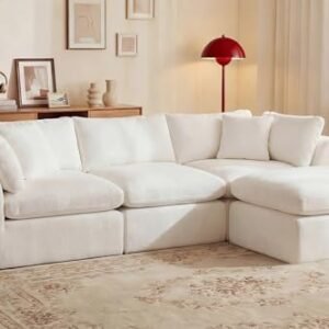 110'' Oversized Cloud Sectional Boneless Couch for Living Room, Modern Big Compressed L Shape Couch with Ottoman & 2 Throw Pillows, Comfy Chenille Deep Seat Memory Foam Spineless 4 Seater Sofa,Beige | Washable Covers, Premium Chenille, Versatile Style, Cloud-Like Comfort, Flexible Modular, No Assembly Needed