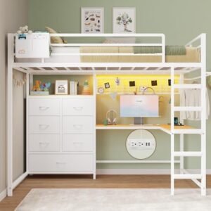 DICTAC Full Loft Bed with L-Shaped Desk and 7 Storage Drawers, Metal Full Size Loft Bed for Teen with LED Lights and Charging Station,13.11" H Safety Guardrail and Ladder,No Box Spring Needed, White