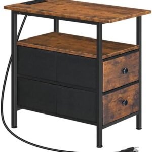 HOOBRO End Table with Charging Station, Narrow Side Table, Nightstand with 2 Non-Woven Drawers, Slim Sofa Side Table, for Small Spaces, Living Room, Bedroom, Rustic Brown and Black BF486UBZ01