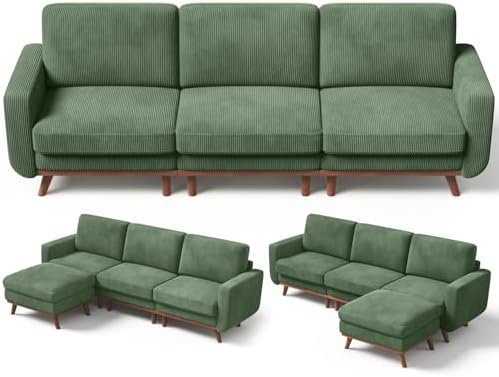 Vesgantti 97" L-Shape Modular Sofa, 3-Seat Corduroy Couch with Movable Ottoman, Sectional Sofa for Living Room, Green