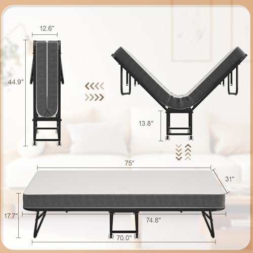75" x 31" Folding Bed with Mattress for Adults, Portable Rollaway Beds with Memory Foam Mattress & Super Strong Frame, Convenient Foldable Roll Away Bed for Storage