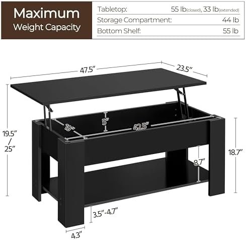 Yaheetech Lift Top Coffee Table with Hidden Compartment and Storage Shelf, Rising Tabletop Dining Table for Living Room Reception Room, 47.5in L, Black