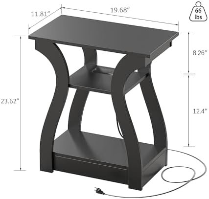 Black End Table Set of 2 with Charging Station, Side Table with USB Ports and Outlets, Black Nightstand, 3 Tier End Table with Storage Shelf for Living Room, Bedroom