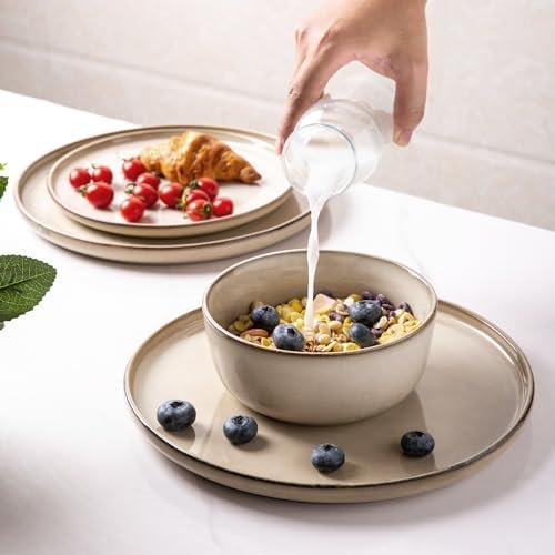 GBHOME Ceramic Dinnerware Sets for 4, 12 Pieces Stoneware Plates and Bowls Sets, Scratch Resistant Dishes, Dishwasher & Microwave Safe, Reactive Glaze-Cappuccino